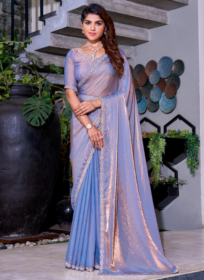 Sattin Silk Ocean Blue Ceremonial Wear Hand Work Saree